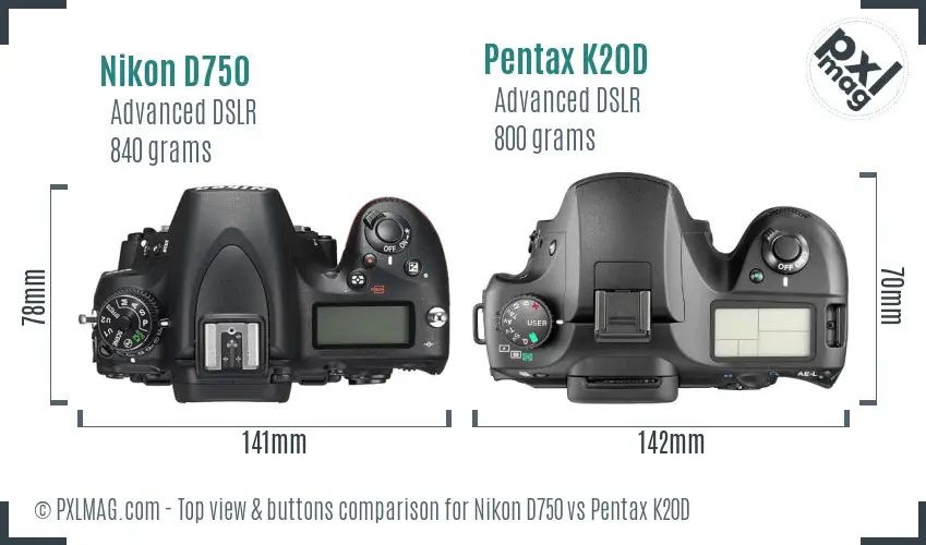 Nikon D750 vs Pentax K20D top view buttons comparison