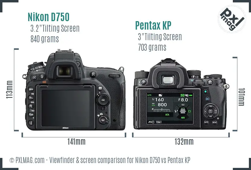 Nikon D750 vs Pentax KP Screen and Viewfinder comparison