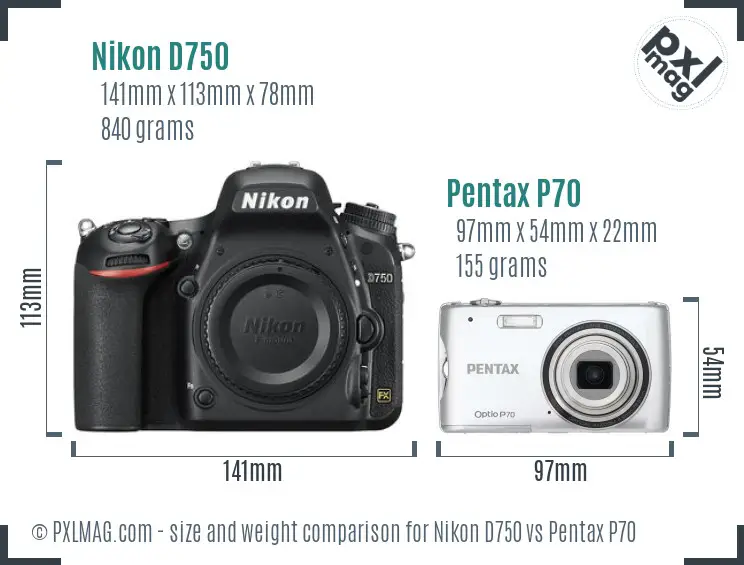 Nikon D750 vs Pentax P70 size comparison