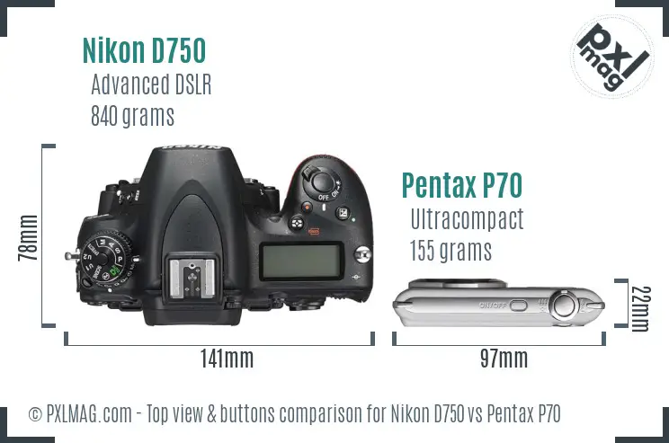 Nikon D750 vs Pentax P70 top view buttons comparison