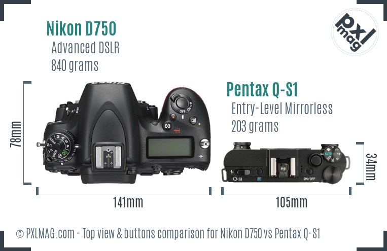 Nikon D750 vs Pentax Q-S1 top view buttons comparison