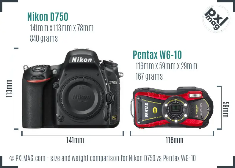 Nikon D750 vs Pentax WG-10 size comparison