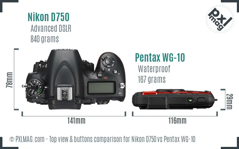 Nikon D750 vs Pentax WG-10 top view buttons comparison