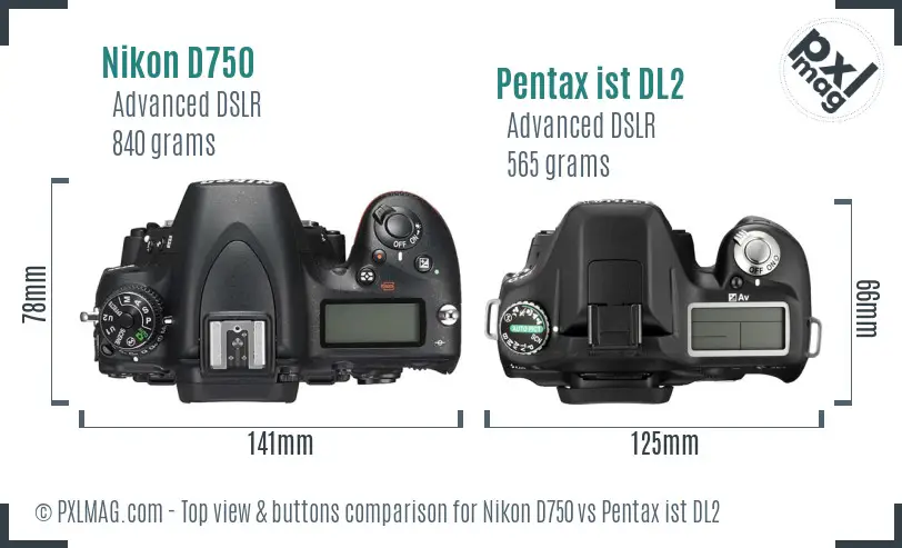 Nikon D750 vs Pentax ist DL2 top view buttons comparison