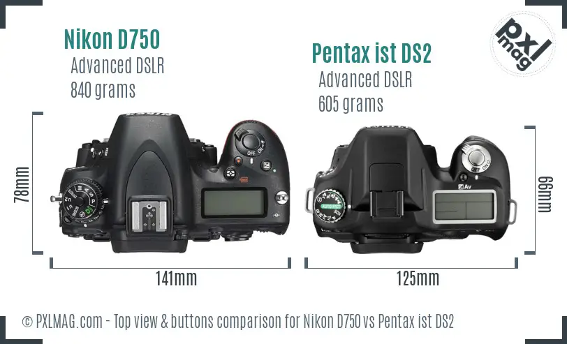 Nikon D750 vs Pentax ist DS2 top view buttons comparison