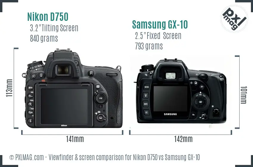 Nikon D750 vs Samsung GX-10 Screen and Viewfinder comparison