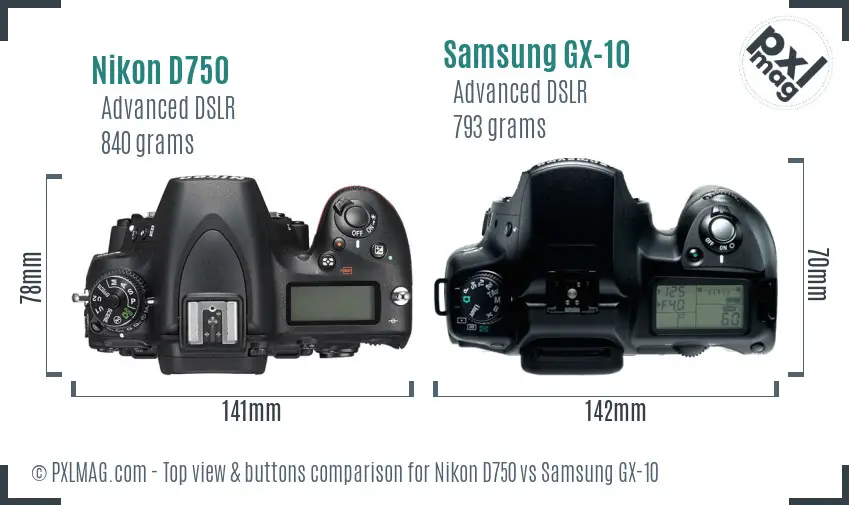 Nikon D750 vs Samsung GX-10 top view buttons comparison
