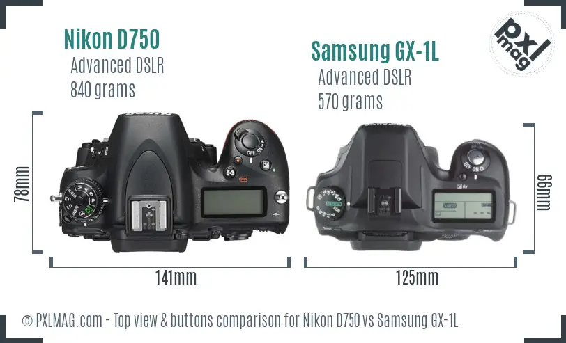 Nikon D750 vs Samsung GX-1L top view buttons comparison