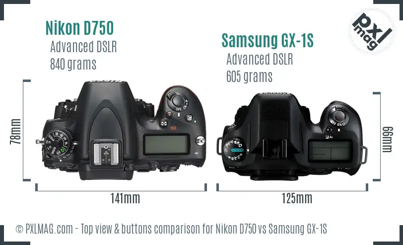 Nikon D750 vs Samsung GX-1S top view buttons comparison
