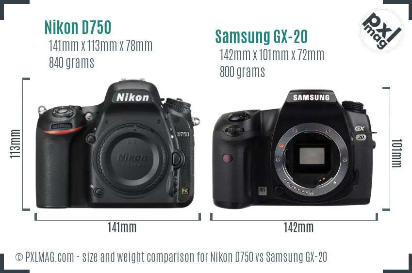Nikon D750 vs Samsung GX-20 size comparison