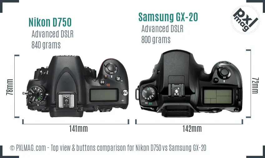 Nikon D750 vs Samsung GX-20 top view buttons comparison