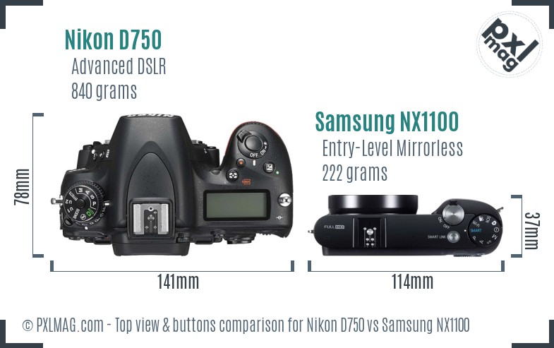 Nikon D750 vs Samsung NX1100 top view buttons comparison