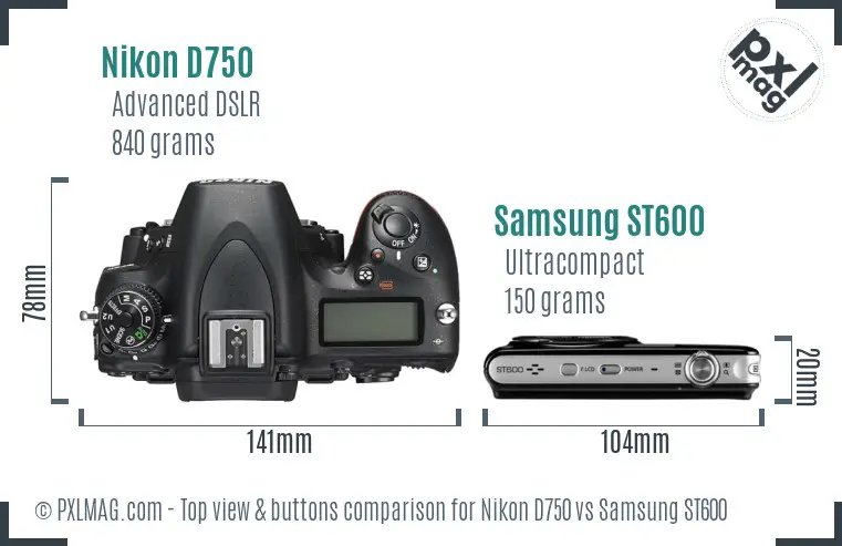 Nikon D750 vs Samsung ST600 top view buttons comparison