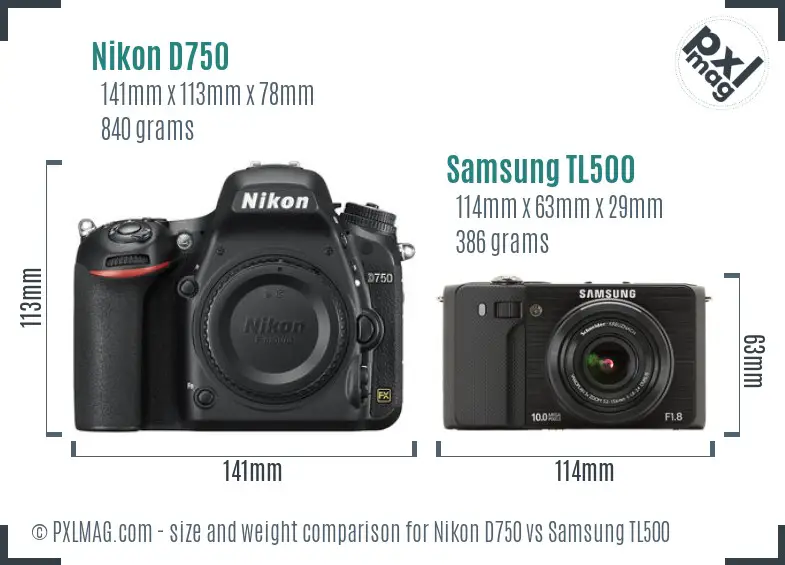 Nikon D750 vs Samsung TL500 size comparison