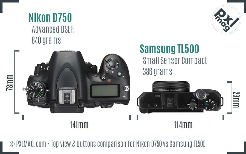 Nikon D750 vs Samsung TL500 top view buttons comparison