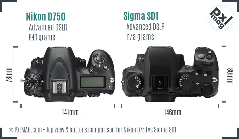 Nikon D750 vs Sigma SD1 top view buttons comparison