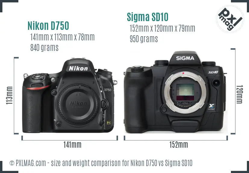 Nikon D750 vs Sigma SD10 size comparison