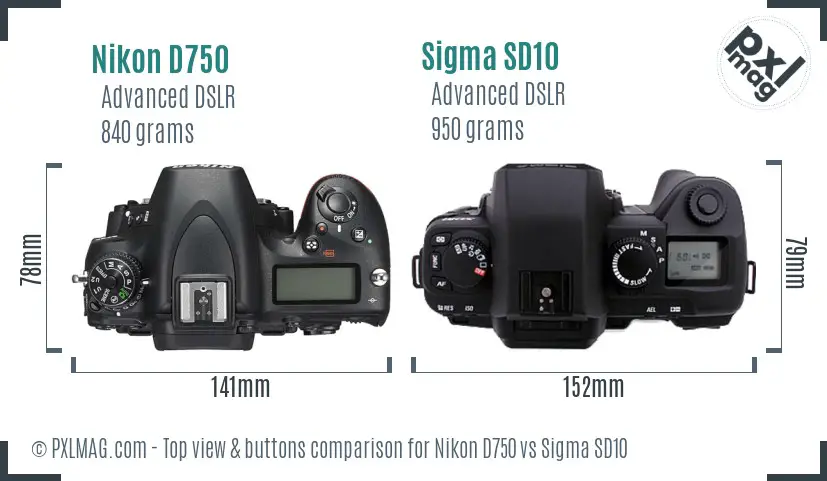 Nikon D750 vs Sigma SD10 top view buttons comparison