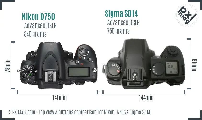 Nikon D750 vs Sigma SD14 top view buttons comparison