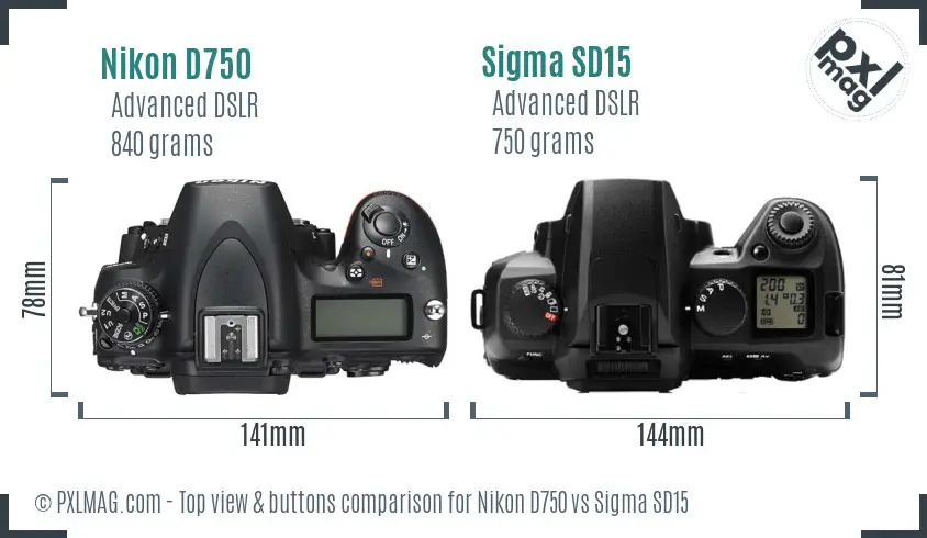 Nikon D750 vs Sigma SD15 top view buttons comparison