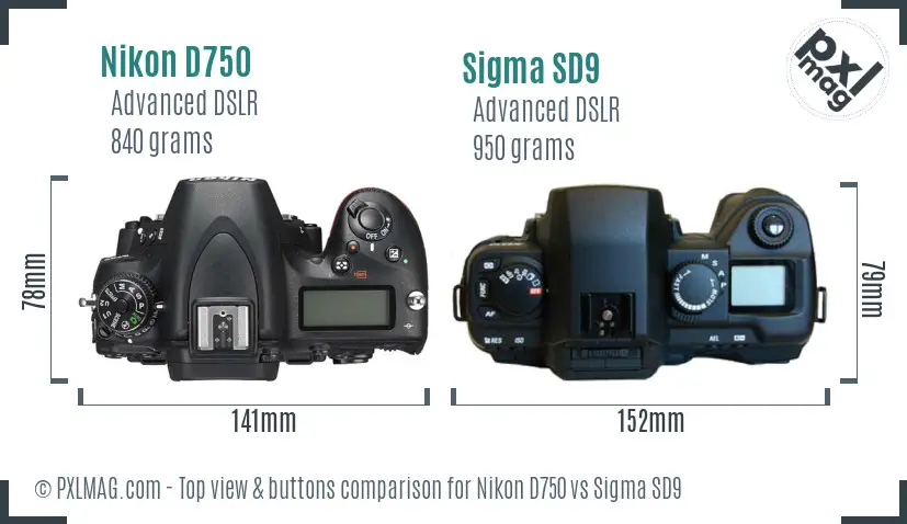 Nikon D750 vs Sigma SD9 top view buttons comparison
