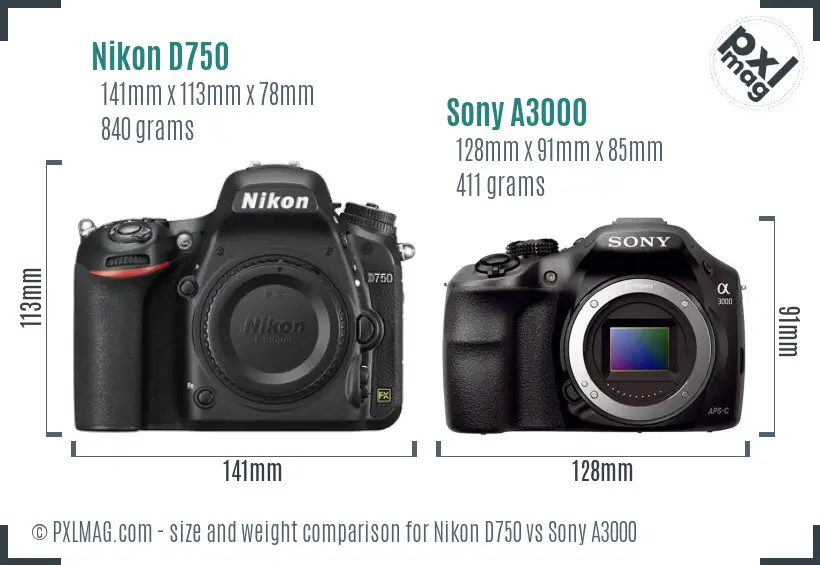 Nikon D750 vs Sony A3000 size comparison Nikon D750 vs Sony A3000 size comparison