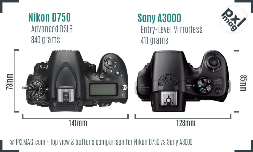 Nikon D750 vs Sony A3000 top view buttons comparison Nikon D750 vs Sony A3000 top view buttons comparison