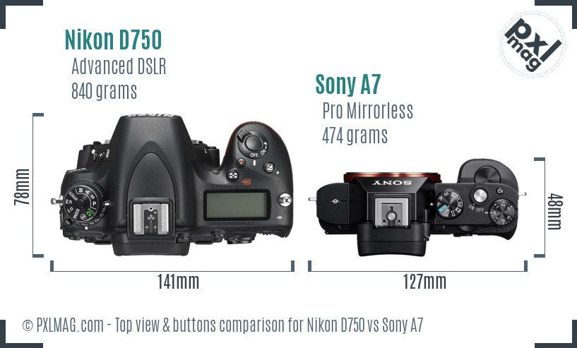 Nikon D750 vs Sony A7 top view buttons comparison