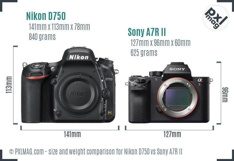 Nikon D750 vs Sony A7R II size comparison