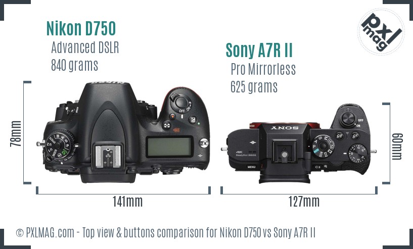 Nikon D750 vs Sony A7R II top view buttons comparison