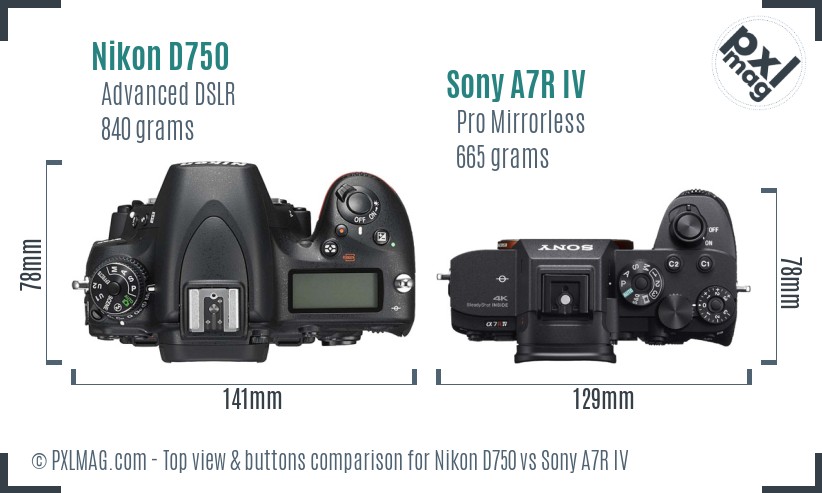 Nikon D750 vs Sony A7R IV top view buttons comparison