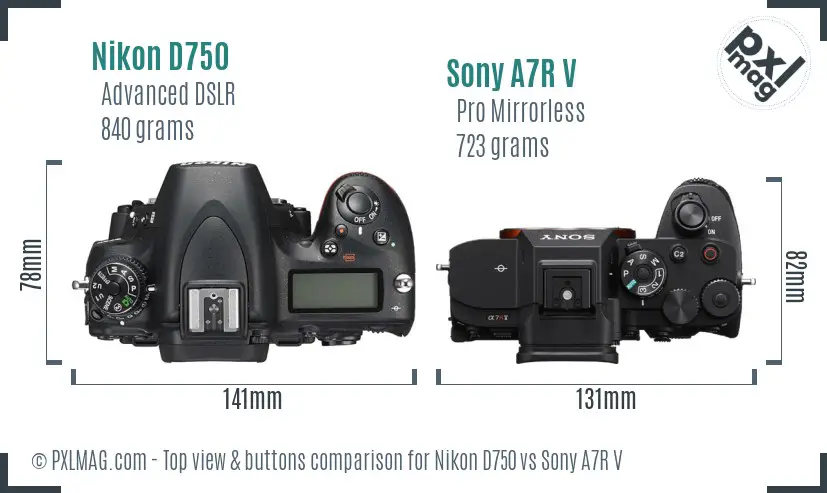 Nikon D750 vs Sony A7R V top view buttons comparison Nikon D750 vs Sony A7R V top view buttons comparison