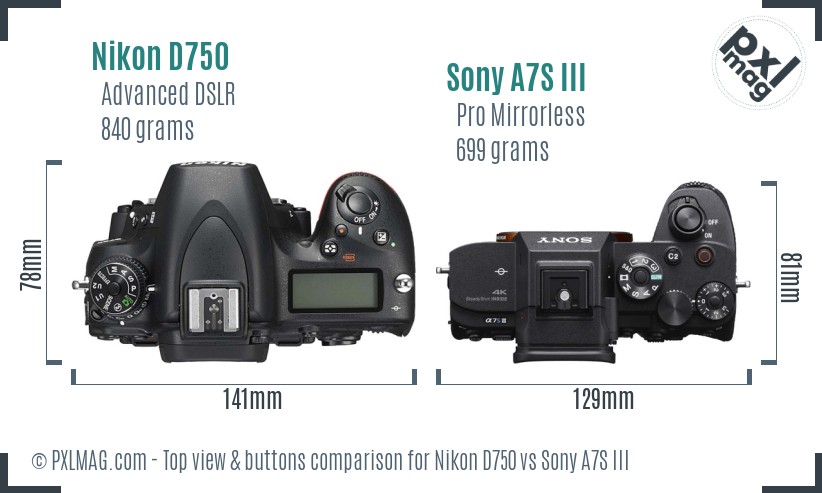 Nikon D750 vs Sony A7S III top view buttons comparison