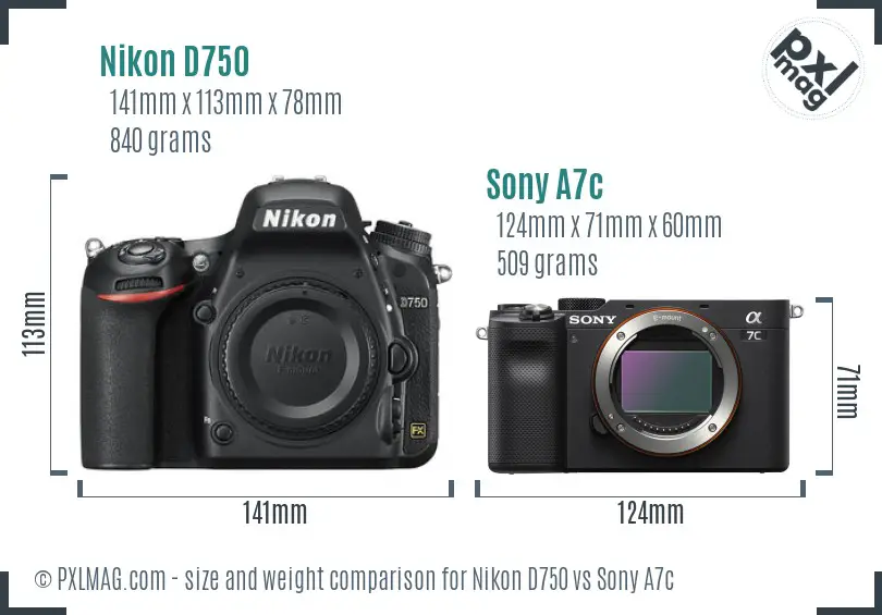 Nikon D750 vs Sony A7c size comparison