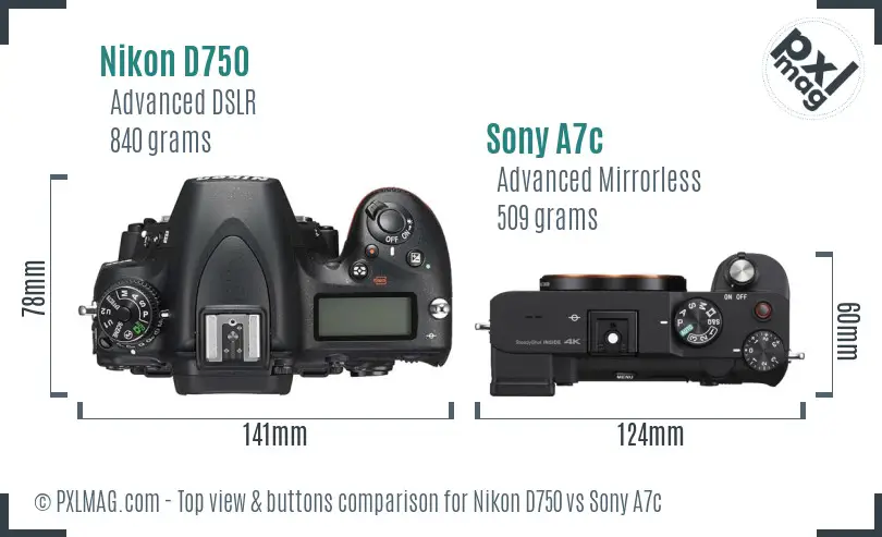 Nikon D750 vs Sony A7c top view buttons comparison