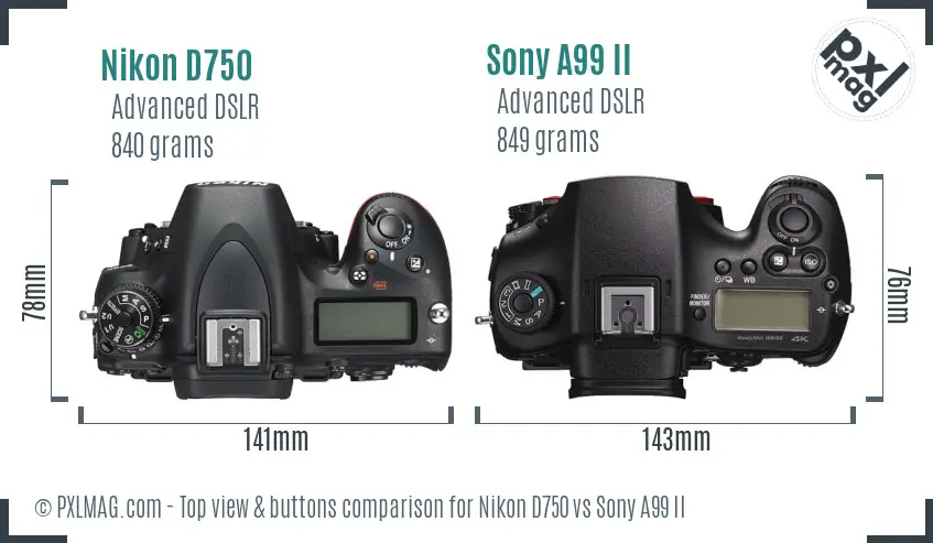 Nikon D750 vs Sony A99 II top view buttons comparison