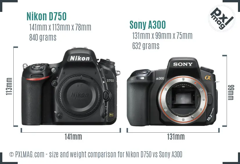 Nikon D750 vs Sony A300 size comparison