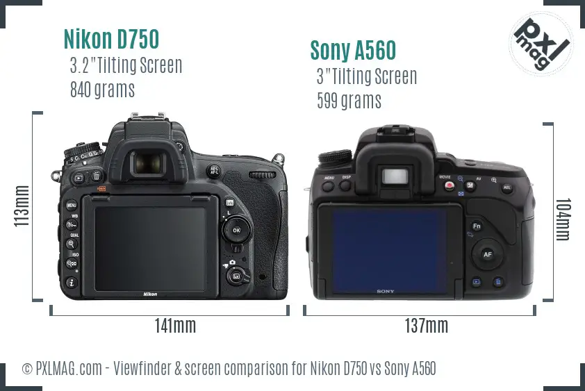 Nikon D750 vs Sony A560 Screen and Viewfinder comparison