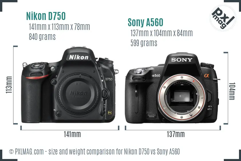Nikon D750 vs Sony A560 size comparison