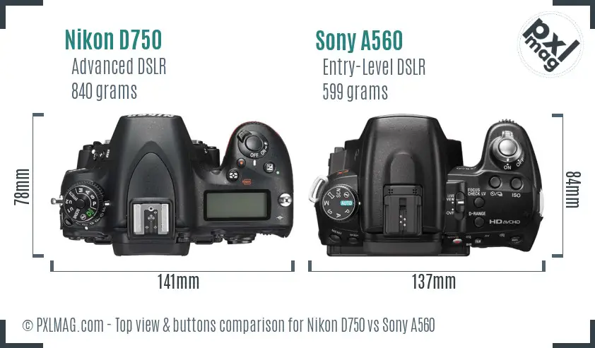 Nikon D750 vs Sony A560 top view buttons comparison