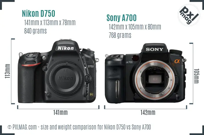 Nikon D750 vs Sony A700 size comparison