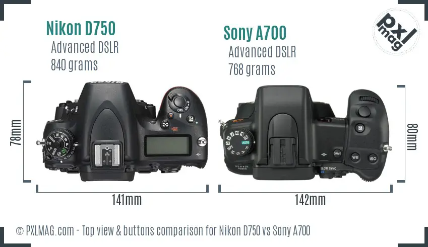Nikon D750 vs Sony A700 top view buttons comparison