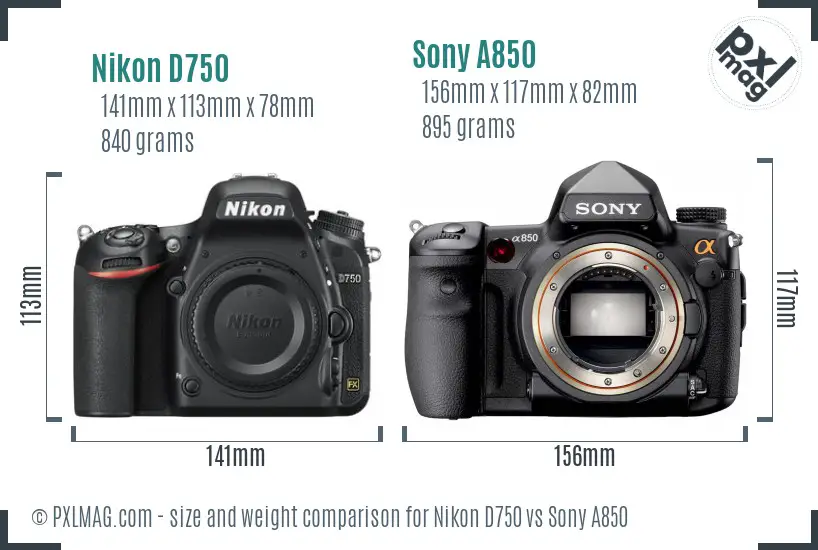 Nikon D750 vs Sony A850 size comparison