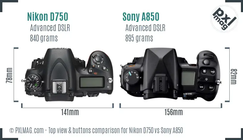 Nikon D750 vs Sony A850 top view buttons comparison