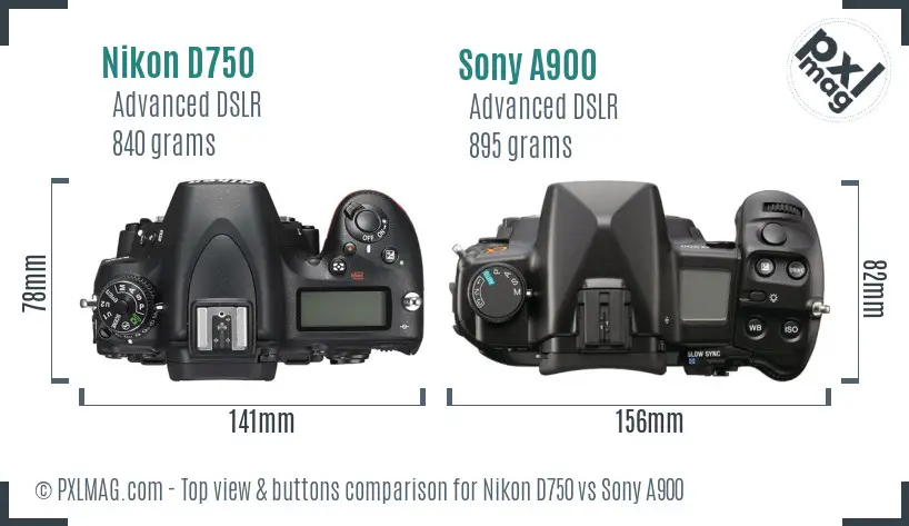 Nikon D750 vs Sony A900 top view buttons comparison
