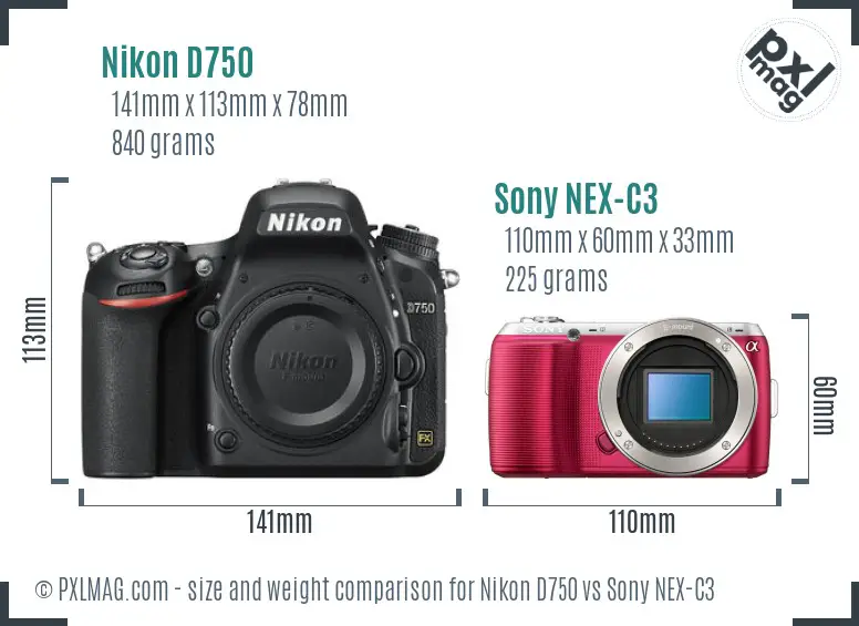Nikon D750 vs Sony NEX-C3 size comparison