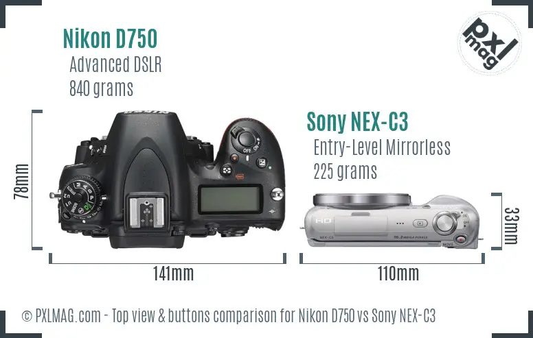 Nikon D750 vs Sony NEX-C3 top view buttons comparison