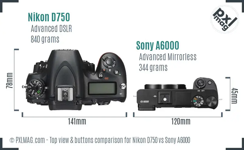 Nikon D750 vs Sony A6000 top view buttons comparison Nikon D750 vs Sony A6000 top view buttons comparison