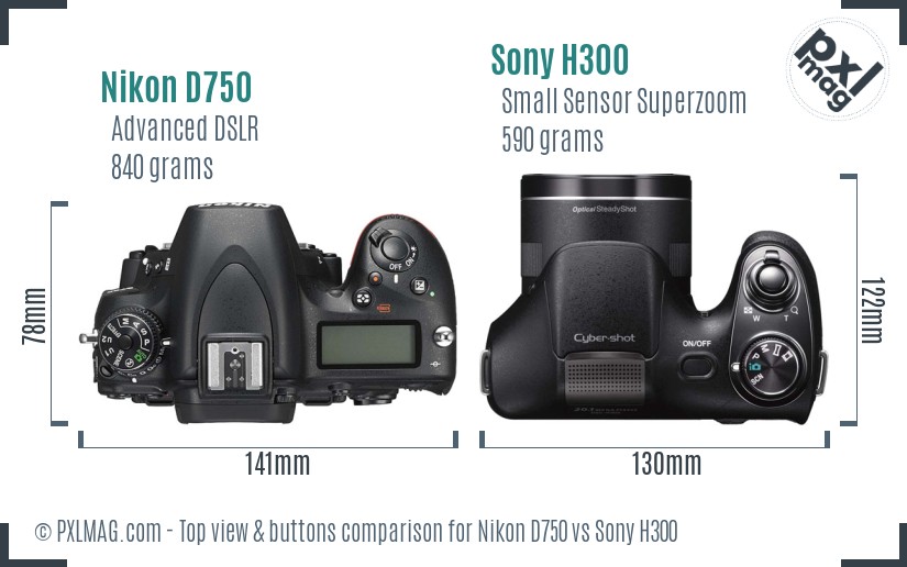 Nikon D750 vs Sony H300 top view buttons comparison