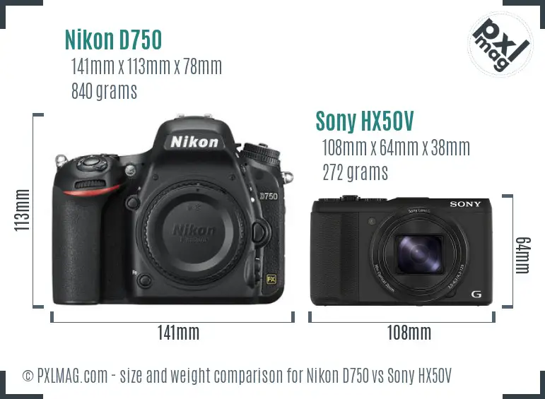 Nikon D750 vs Sony HX50V size comparison
